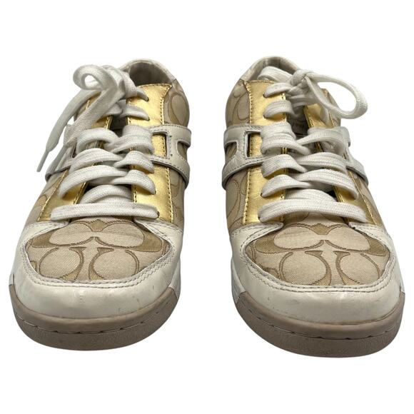 Coach Nova Signature C Monogram Canvas Leather Sneakers Shoes Khaki Gold Sz 7.5M - Picture 7 of 8